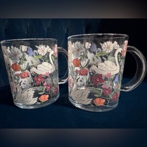 Clementine Paper Swan and Floral Glass Coffee Mug Set of 2 NWT